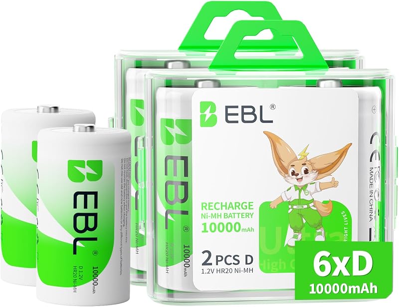 Batería EBL D Baterías recargables tamaño D 10,000 mAh Ni-MH, paquete de 6 - Tecnología ProCyco | Baja autodescarga, larga duración para linternas, juguetes y aparatos electrónicos, sin mercurio, 1200 ciclos