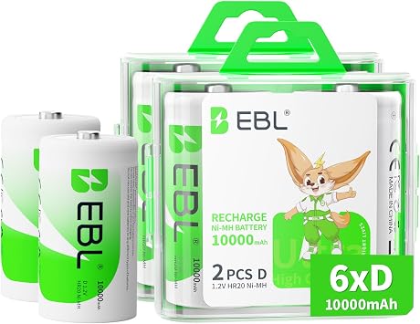بطارية EBL D حجم البطاريات القابلة لإعادة الشحن 10000mAh Ni-MH ، عبوة 6 - تقنية ProCyco