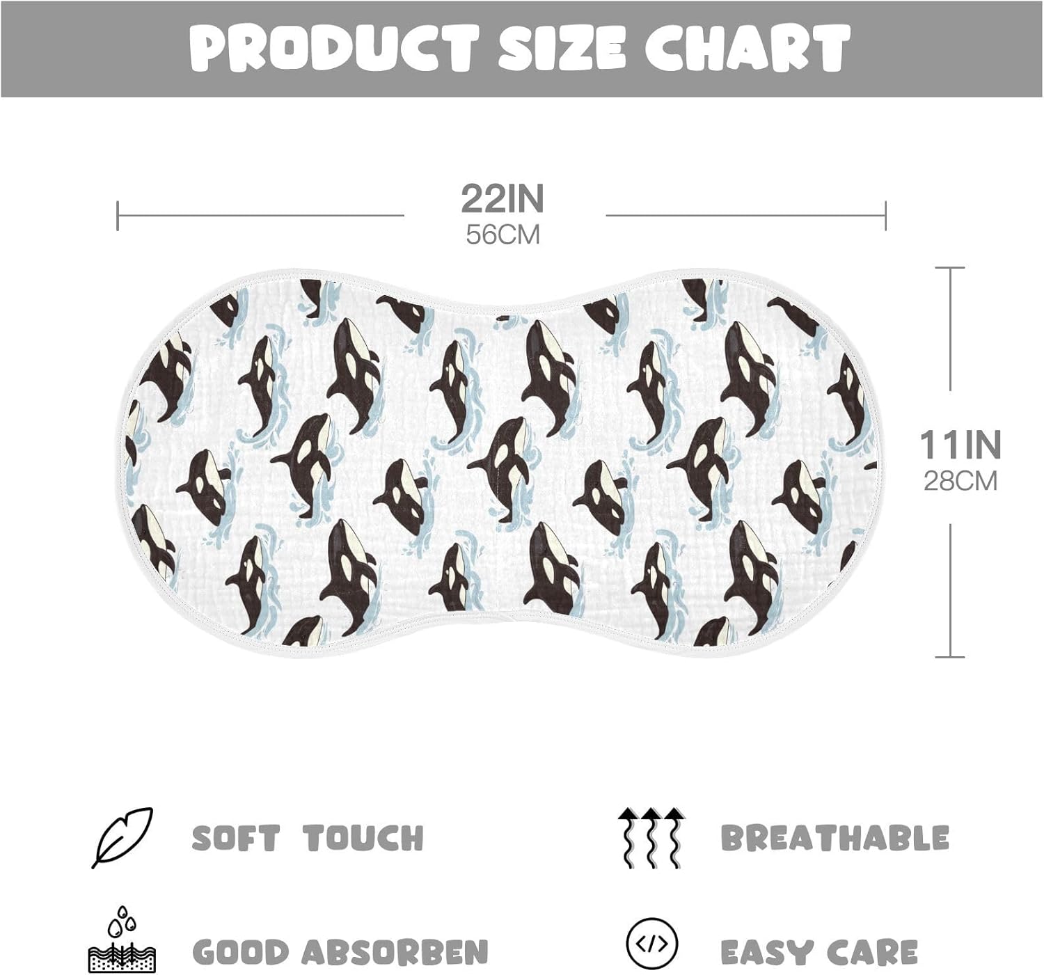 Muslin Burp Cloths for Baby Boys and Girls - 4-Pack Ultra Absorbent Killer Whale Orca Muslin Washcloths, Newborn Towel, Milk Spit Up Rags, Burp Cloth Bib for Unisex, 22 x 11 Inch