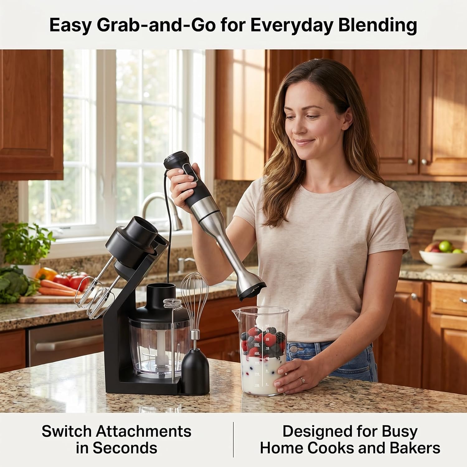 Immersion Blender Holder with PP Cup, Stick Blender Storage Rack | Includes storage holder and reusable PP mixing cup, allowing blending and storage in one convenient set