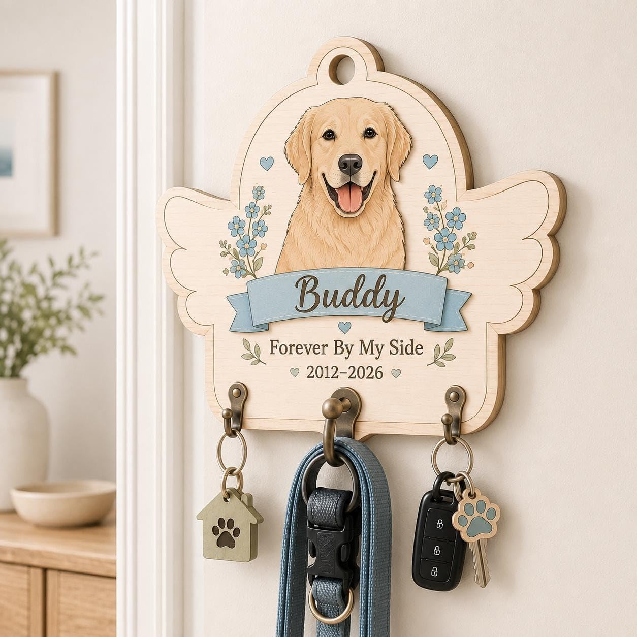 Personalized 2 Layer Wooden Pet Key Holder, Custom Dog Portrait Leash Hanger, Pet Memorial Key Rack, Dog Lover Gift for Women Men Mom Dad, Birthday Christmas Housewarming Keepsake Entryway Decor