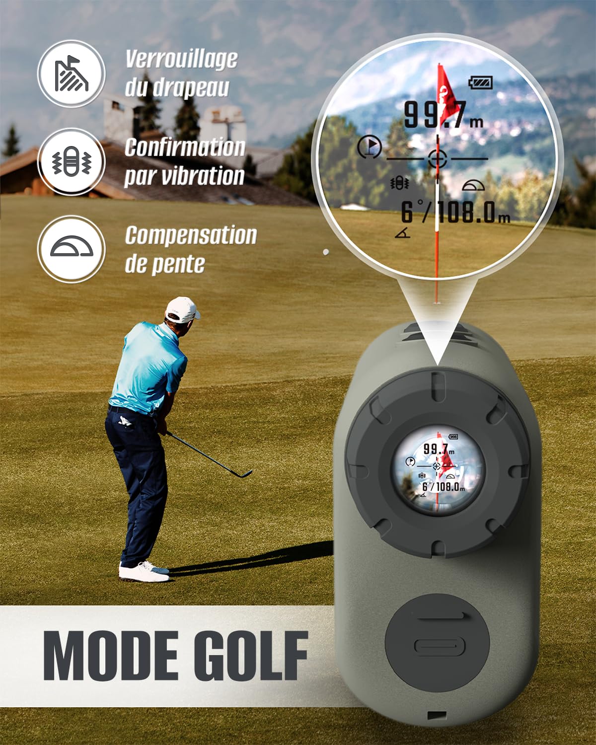 Télémètre Chasse/Golf, Inkerma 1000/1200M Télémètre de Chasse Rechargeable avec Grossissement 6X, Écran LCD, Angle/Compensation de Pente/Unit Switch/Vitesse/Scan Fonctionnel (Hunter-E)
