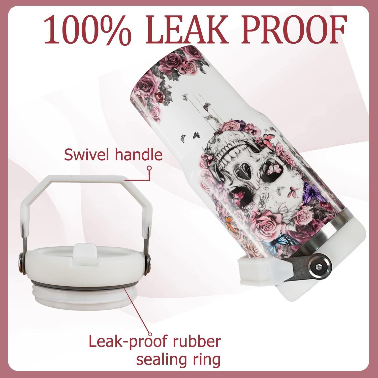 30oz Skull Tumbler with Handle and Straw, Skull Gifts for Women, Reusable Stainless Steel Flowers Cup Insulated Leak Proof Travel Coffee Mug - Image 2