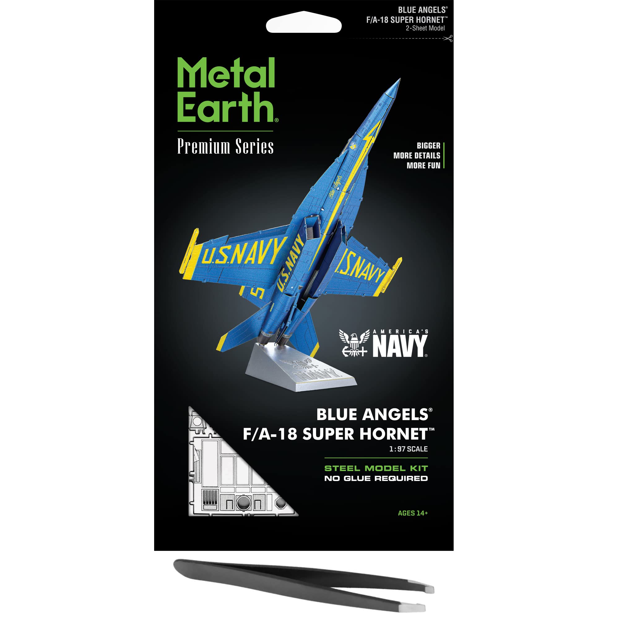 Fascinations Metal Earth Premium Series Blue Angels F/A-18 Super Hornet Kit de modelo de metal 3D con pinzas