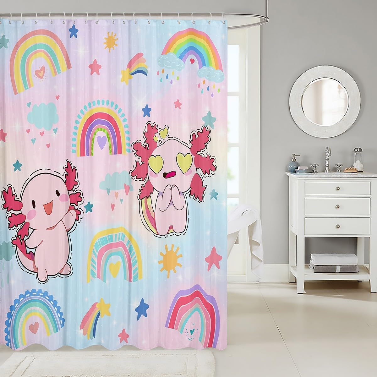 Castle Fairy Axolotl Shower Curtains Cartoon Rainbow Stars Cloud Bathroom Curtain for Kids Girls Teens Watercolor Pink Blue Waterproof Curtains Cute Axolotl Bath Curtains with 12 Hooks,72" Wx78 L