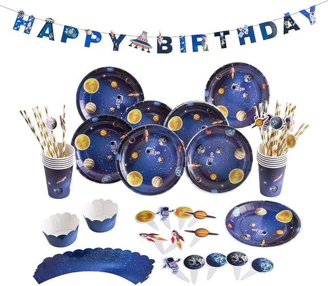 SUNBEAUTY Outer Space Birthday Party Tableware Solar System Birthday Party Decorations Happy Birthday Banner Cake Topper Paper Plates Paper Cups Tray Straw for Kids Birthday Party Supplies