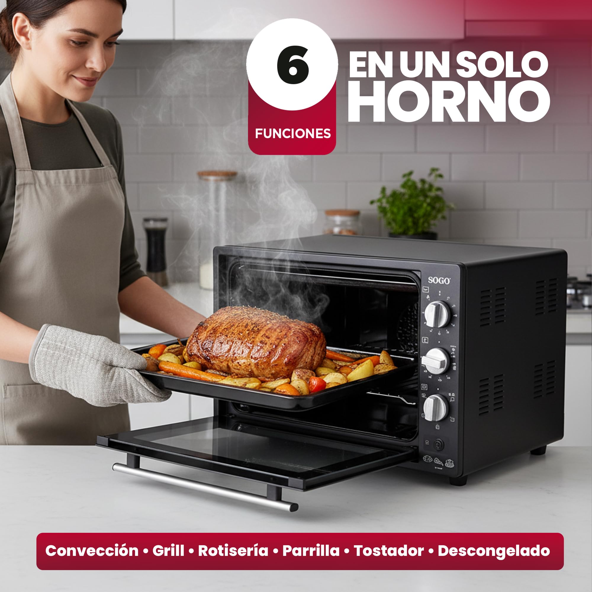 Sogo Horno Sobremesa de Convección 70L - Horno Eléctrico con Rustidor para Asados Jugosos - Horno Multifunción con Gratinador para Recetas Crocantes - Ideal para Cualquier Plato