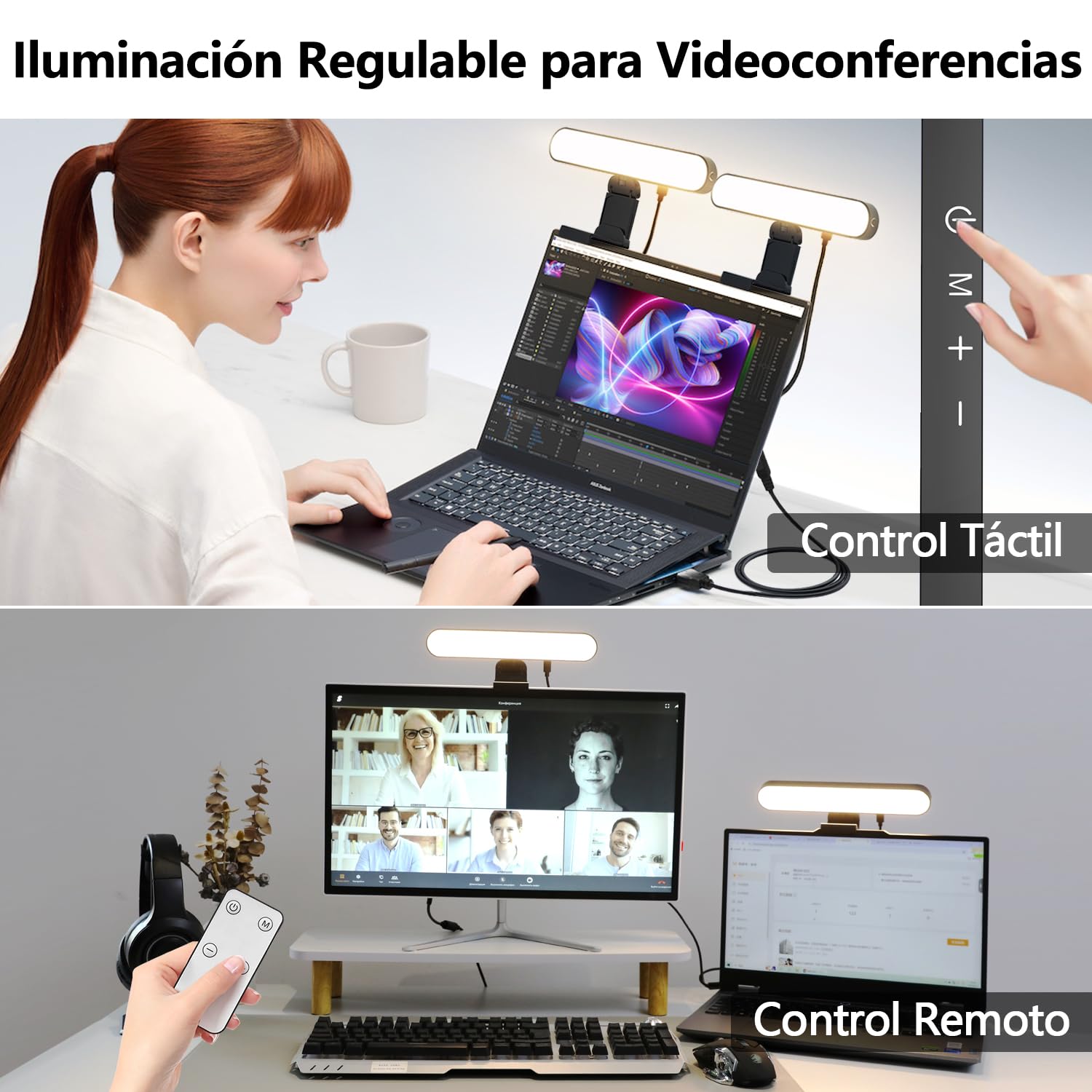 yAyusi Iluminación para Videoconferencias con Dos Lámparas, Luz Cámara Web con Control Remoto y Táctil, Iluminación con Zoom para Computadora Monitor Portátil, Luz LED para Transmisión/Videollamadas