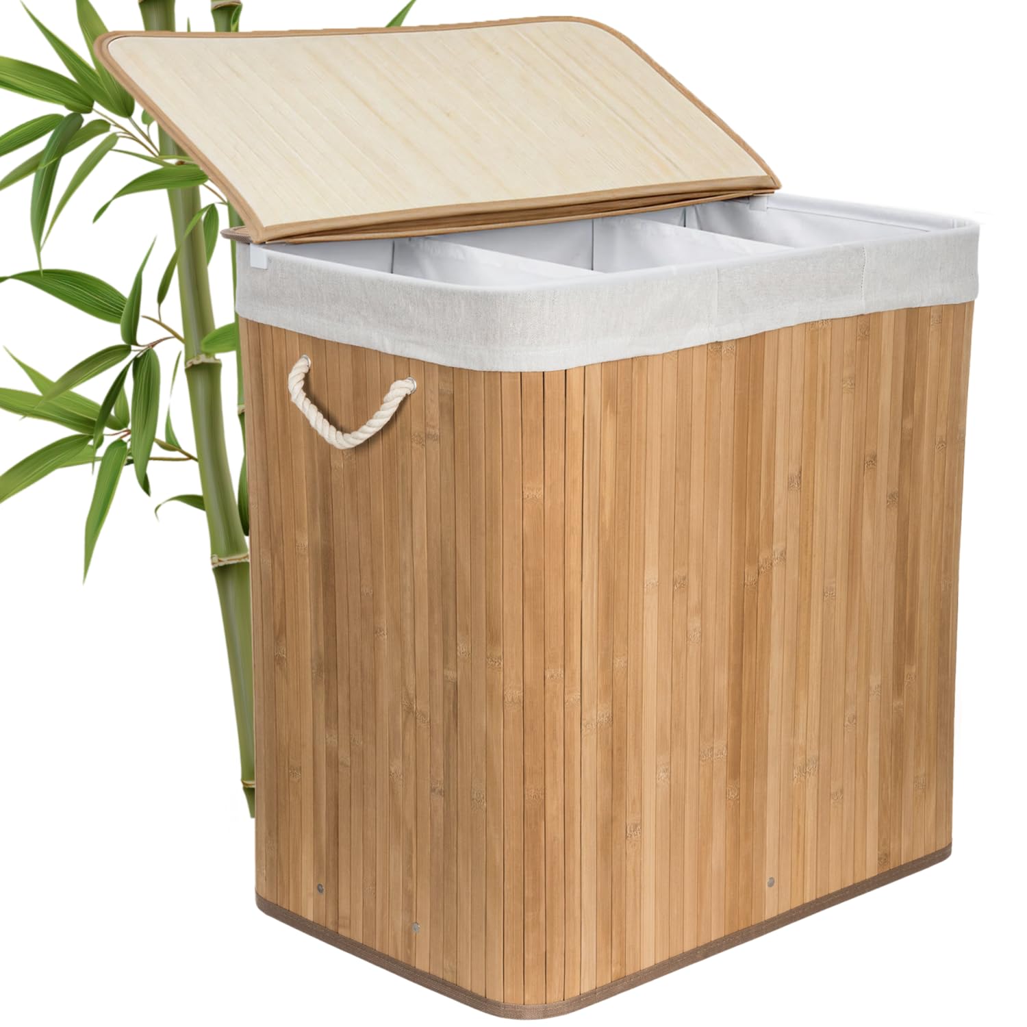 Cesto portabiancheria G21 150 L con divisori in bambù con cestello bianco
