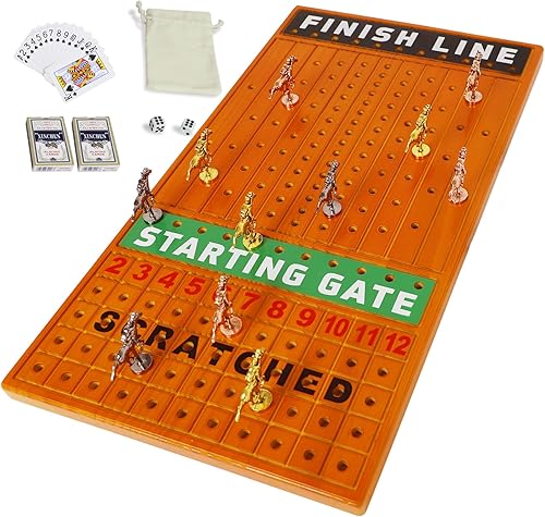 Grhonior El juego de mesa de carreras de caballos está equipado con 11 caballos metálicos de lujo, tablero de ajedrez de pino grueso, incluye 2