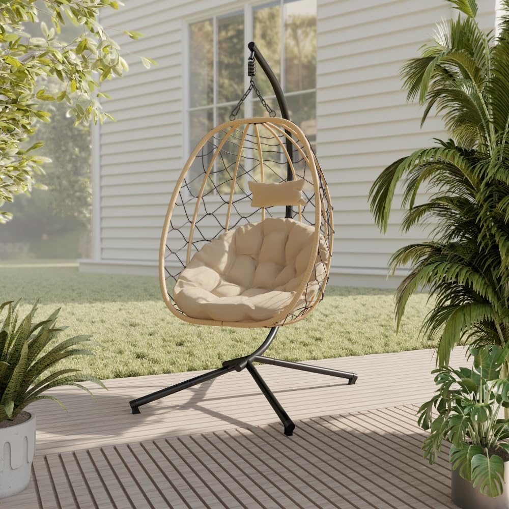 LeisureMod Outdoor Egg Chair with Stand, Hanging Swing Chair with Durable Brown Frame and Plush Beige Cushions, Hammock Basket Chair for Bedroom, Patio, Garden, Balcony