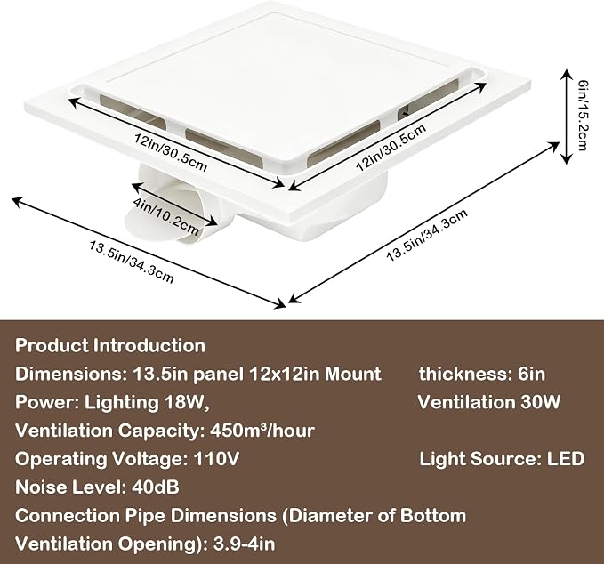 Ventilador de extracción para baño de 13,5 pulgadas con luz LED, ventilador de techo para ventilación | 120 CFM, 1,0 sones, ventilador silencioso para baño con ducto de 4 pulgadas y luz LED de 18 W y 6000 K para hogar, oficina y hotel miniatura 2