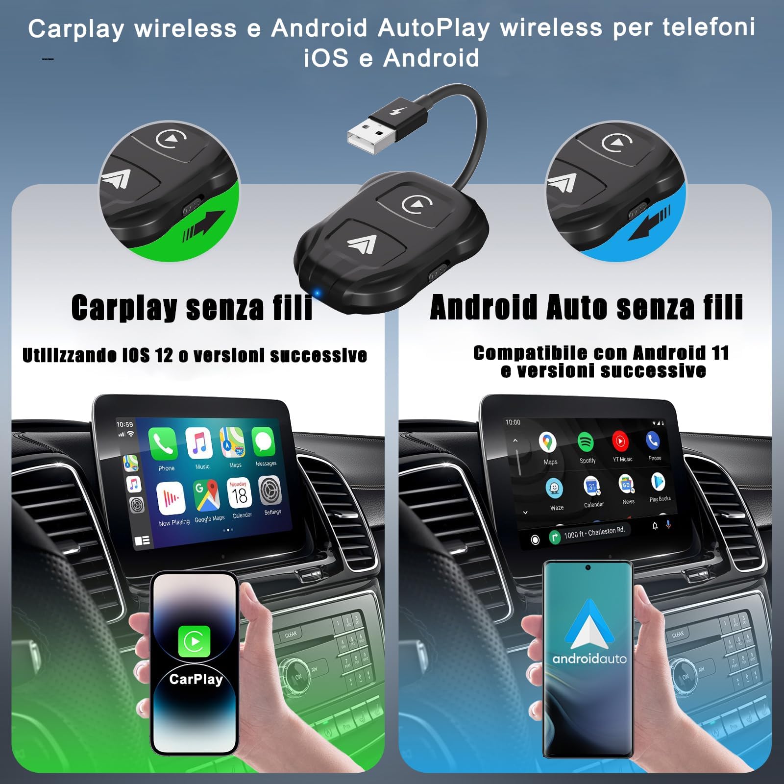 2025 CarPlay Wireless ios & Android Auto Wireless Adattatore [2-in-1], Adattatore Converti Wired in Wireless Android Auto Wireless per Auto con Funzione Carplay o Android Auto, connessione automatica