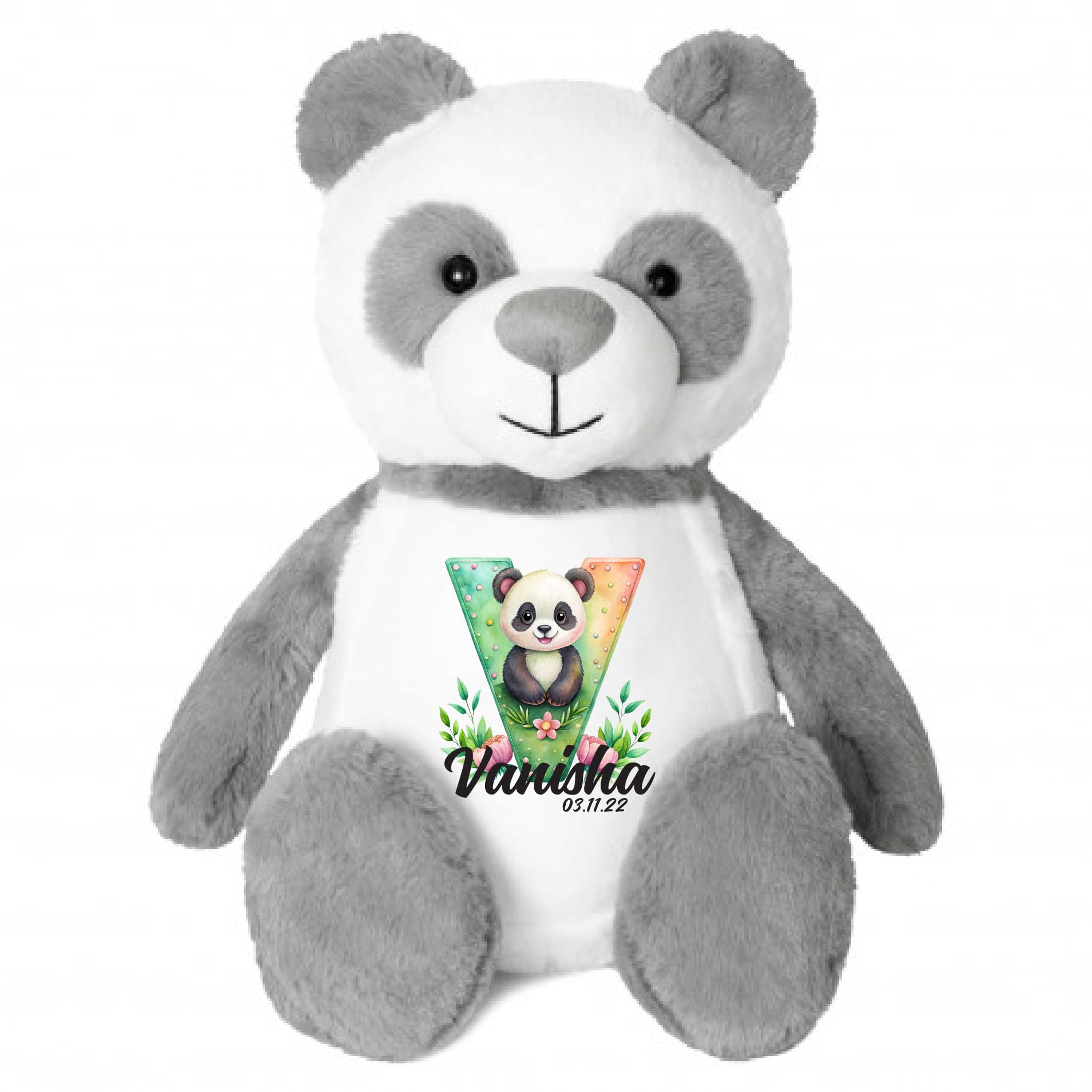 Crafted Memories - Personalised Panda Teddy Bear 40cm Tall with Custom Initial And Name, Cute Stuffed Animal Gift for Baby Shower or Birthday Keepsake, Custom Panda Plush Toy with Initial Design