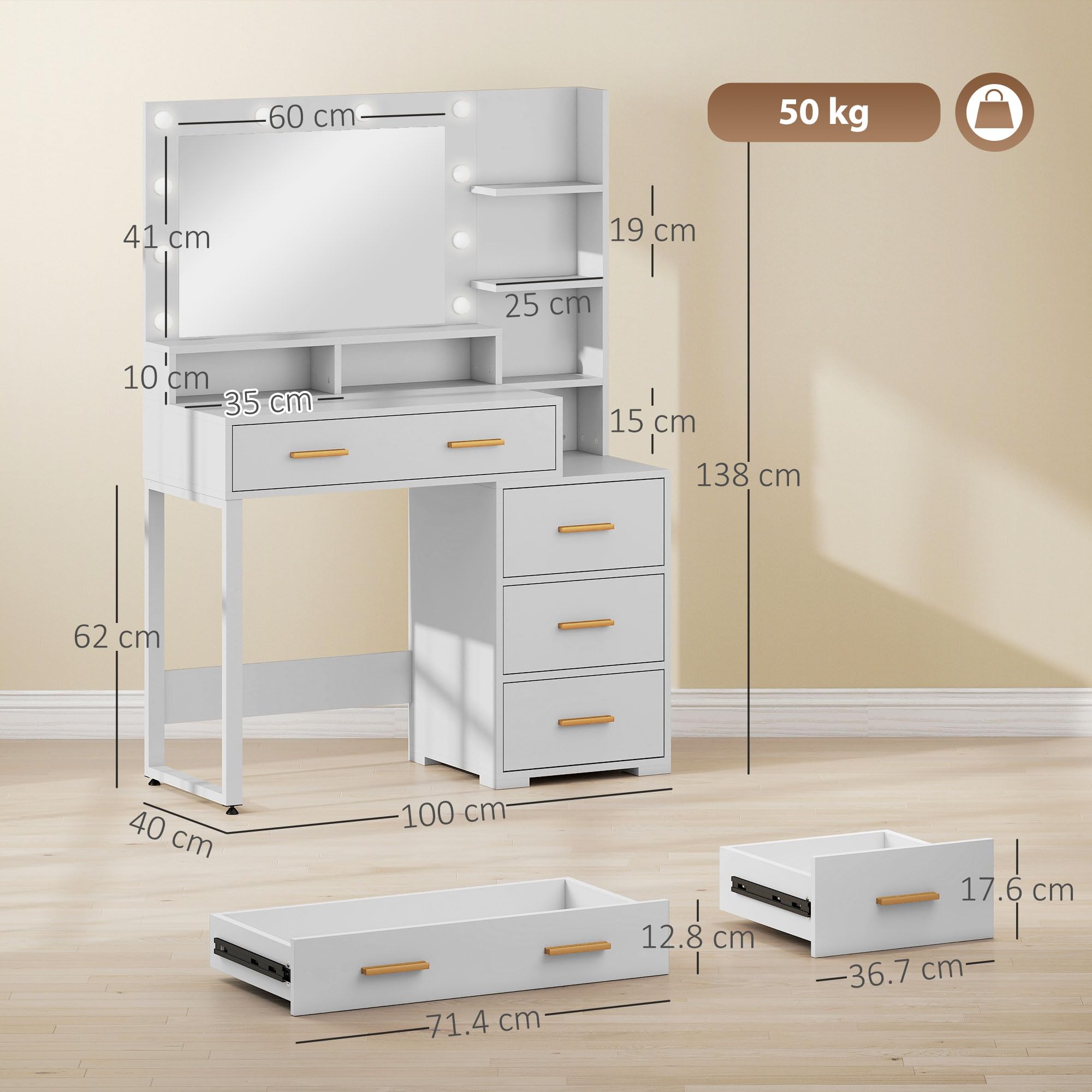 HOMCOM Postazione Trucco con Luci LED con 4 Cassetti 100x40x138 cm Bianco | Tavolo Toeletta Moderno, per Camera da Letto, 6 Ripiani Aperti, Specchio, Toeletta Trucco