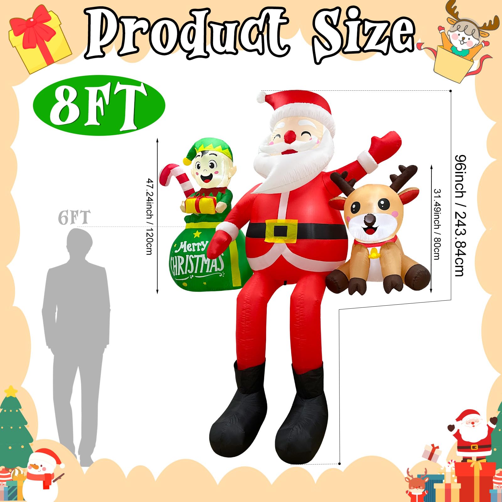 Père Noël gonflable de Noël avec sacs cadeaux, décorations d'extérieur, Père Noël géant gonflable assis sur le toit pour décoration de fête de Noël, cour, jardin, vacances