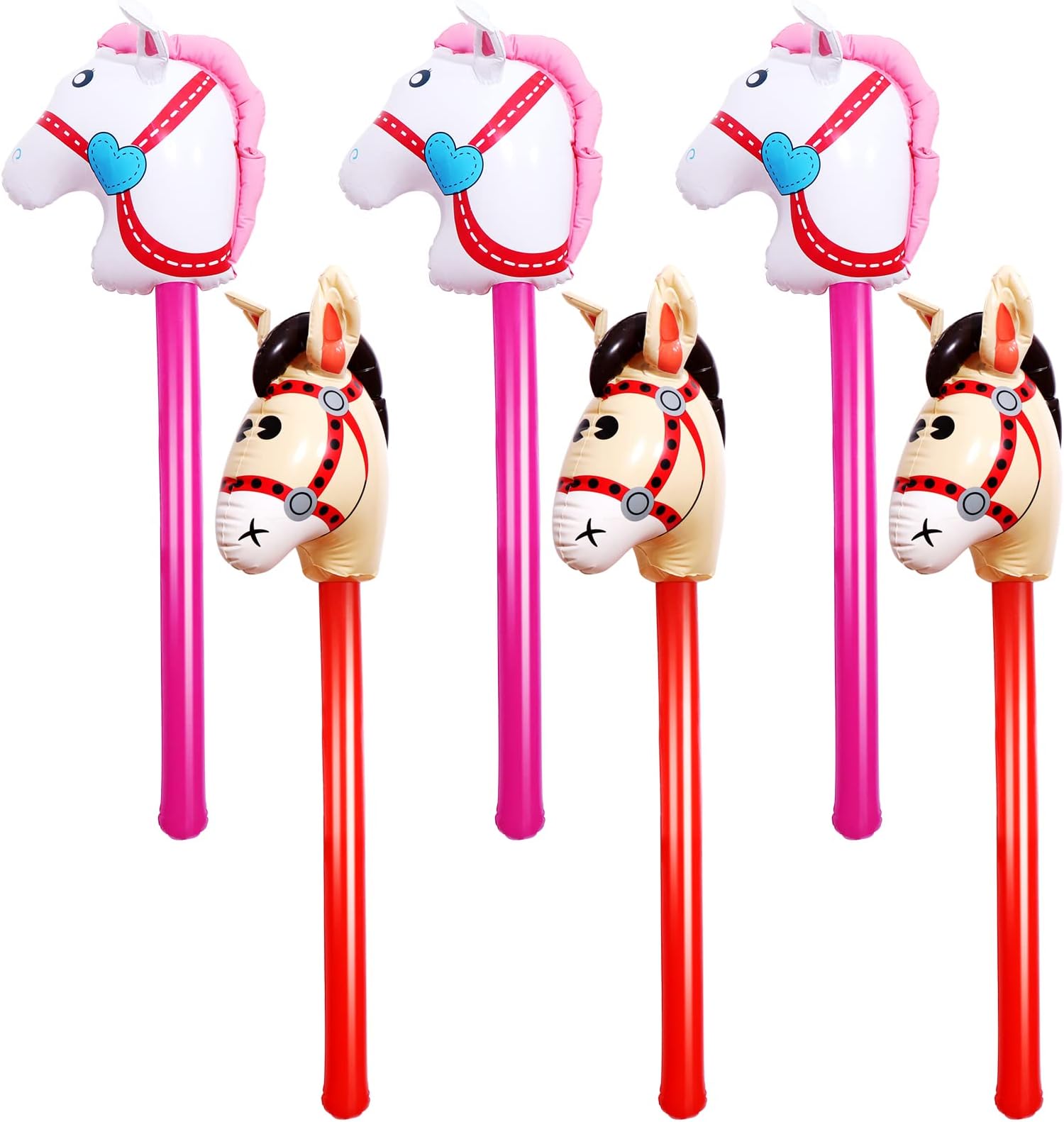 6 Pieces 40in Horse Head Inflatable Sticks Include 3 Pink Inflatable Horse Stick Balloons and 3 Red Inflatable Horse Stick Balloons for Birthday Christmas Theme Parties Home Decoration(2 Style)