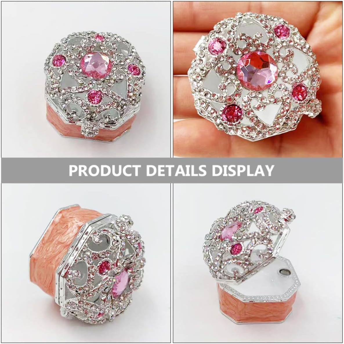 Vintage Octagonal Jewelry Box in Pink Enamel Alloy with Scratch-resistant Inner Lining, Unique Metal Trinket Storage Case to Protect Jewelry for Home Organization image 3