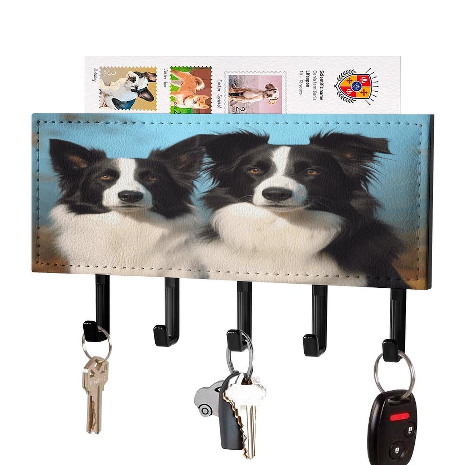 Vstadank Black-Style Border Collie Key Holder For Wall Key Holder Wall Mount Adhesive With Mail Organizer Tray Adhesive Metal Key Rack With 5 Hooks Hanger Pu Leather Key Hanger For Entryway