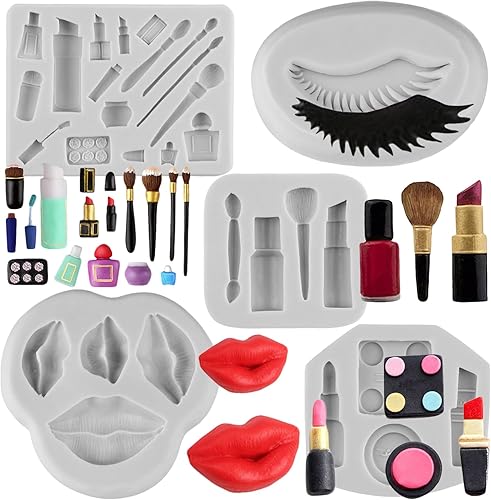 MINFEIDMS Moldes de silicona con temática de maquillaje, moldes para fondant, para besos, labios, lápiz labial, perfume, pestañas, cepillo para