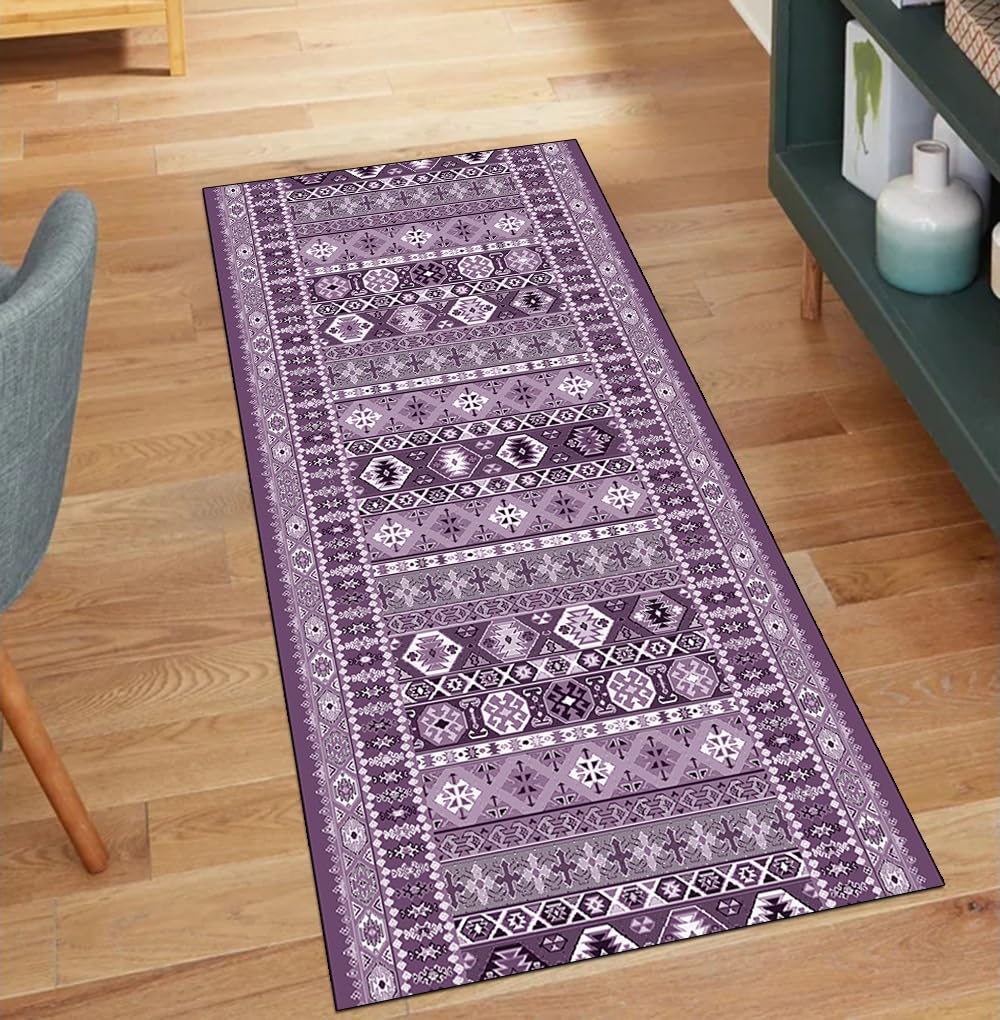 Alfombra de pasillo bohemia morada para transformar la cocina y el dormitorio en espacios calidos