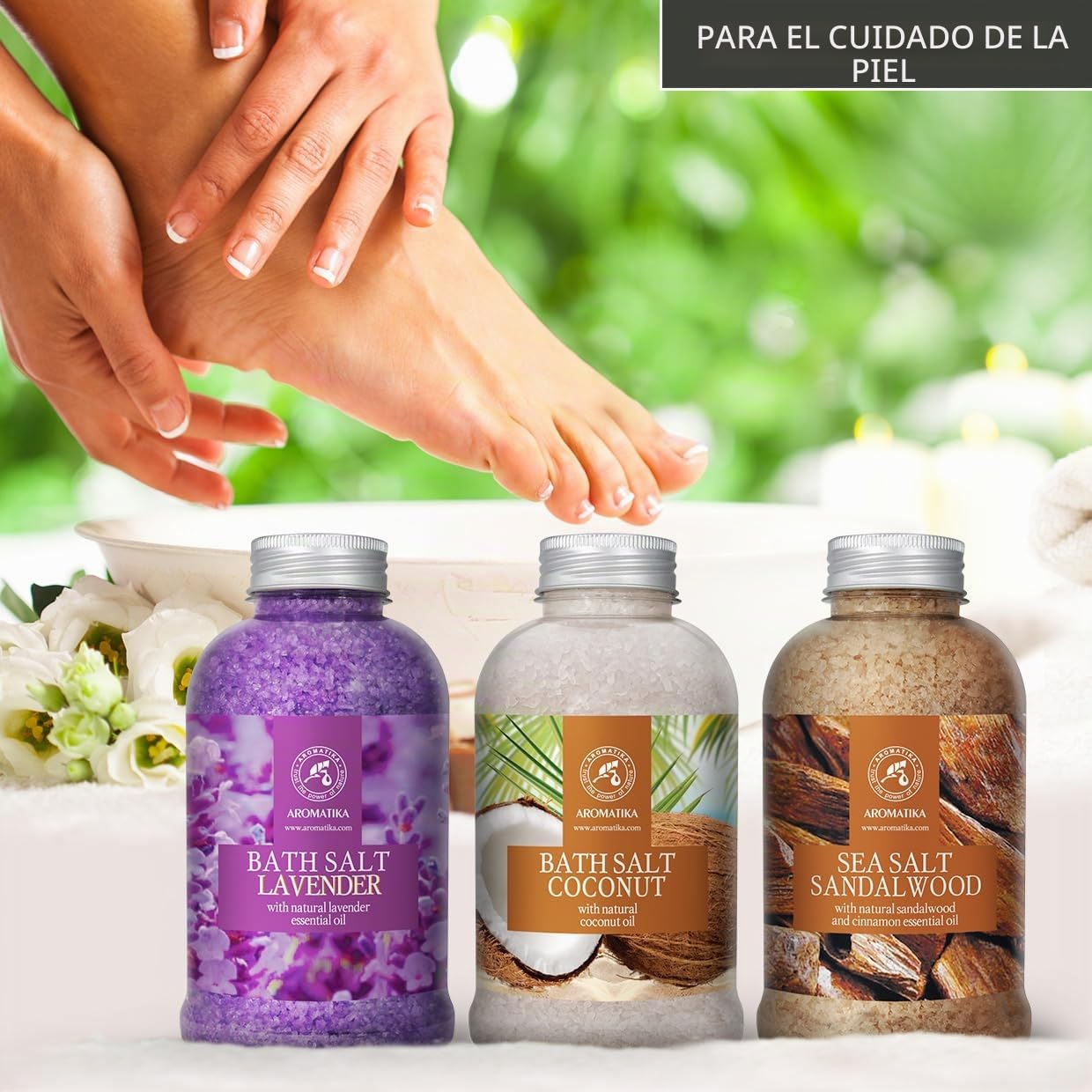 Sales Marinas de Baño Set Lavanda & Coco & Sándalo 3х600g - Sal Marina con Aceite esencial de Lavanda - con Aceite de Coco Natural - Aceite de Sándalo y Canela - Cuidado del Cuerpo - Aromaterapia
