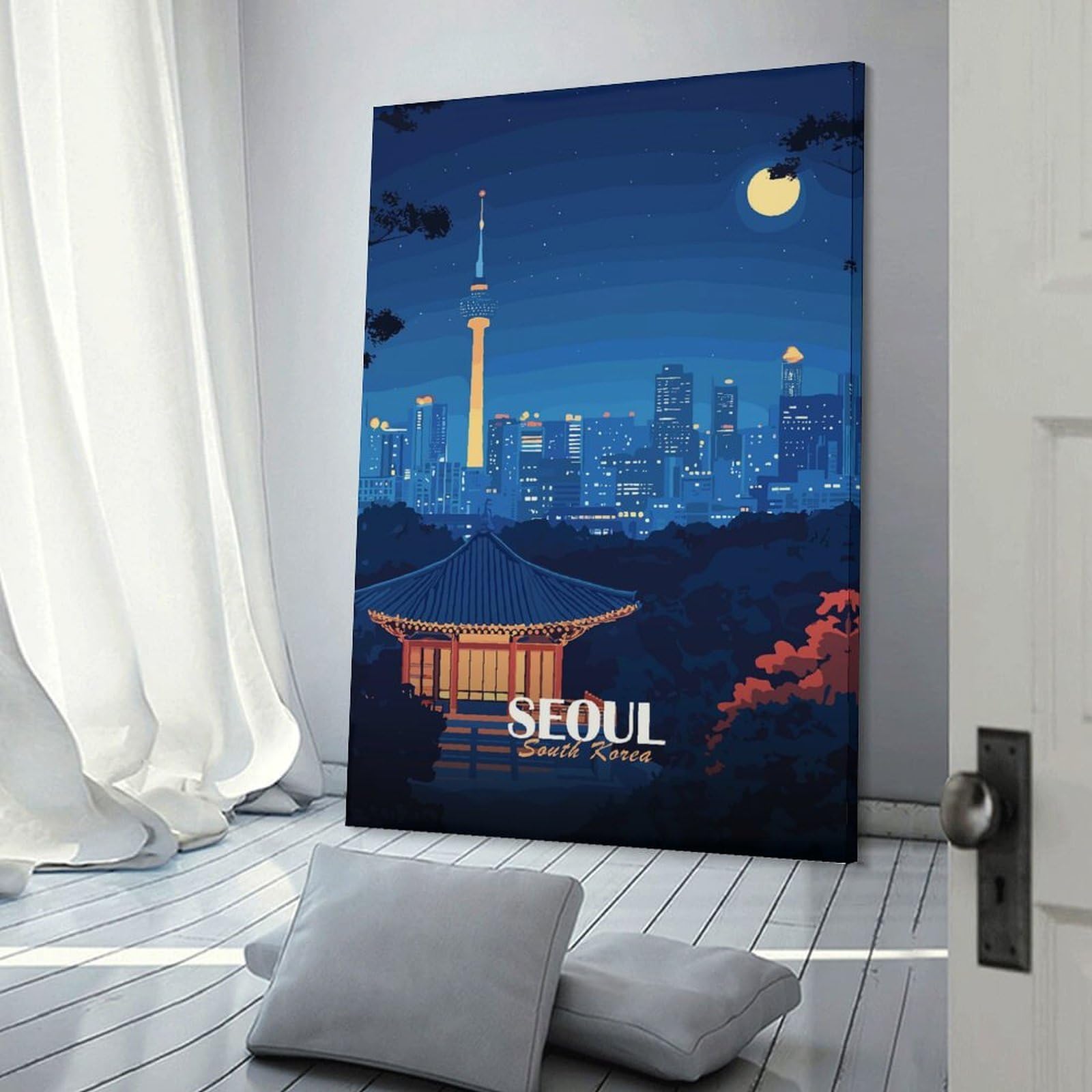 Junmoney Decorative Canvas Print Seoul Cityscape at Night, 24x36inch(60x90cm), for Home Office, Desk Area Or Studio, Home Office Artwork with Decorative Appeal