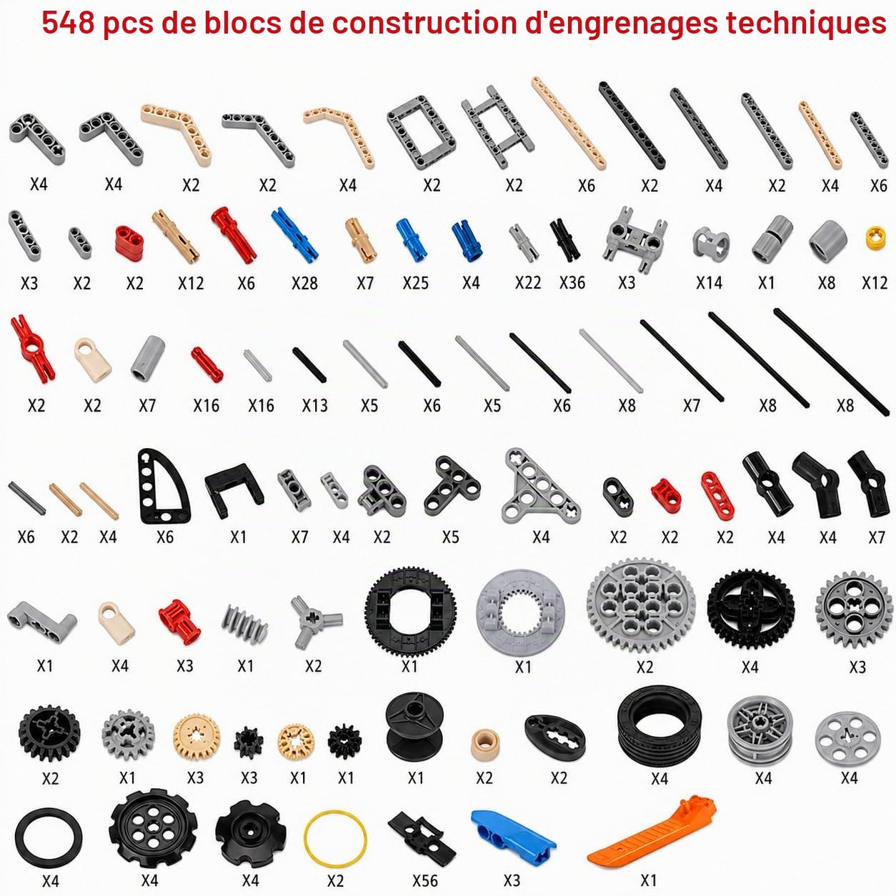 Lot de 548 Composants de Construction mécaniques, Engrenages, Axes, connecteurs et éléments ABS pour projets créatifs et modèles à Assembler
