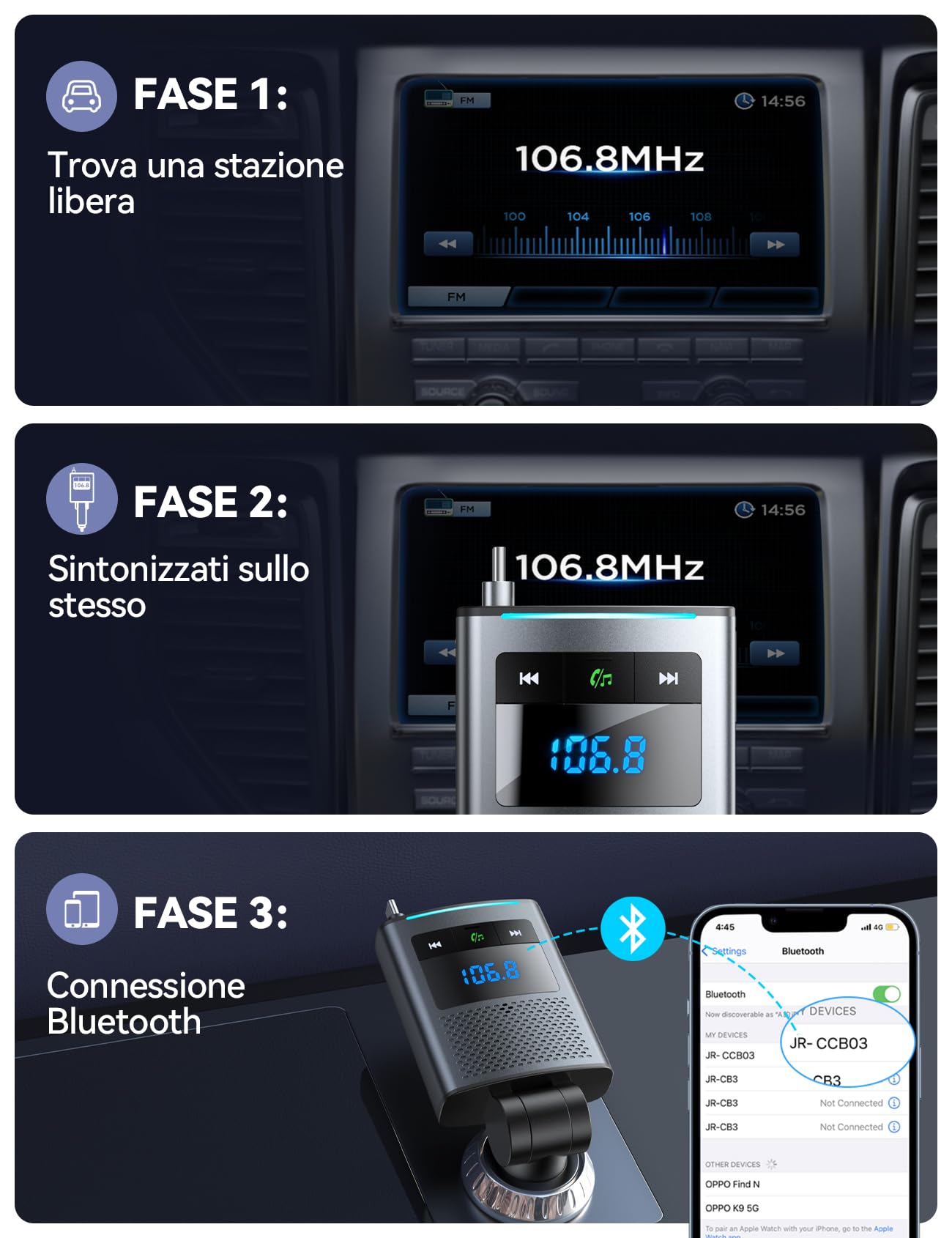 JOYROOM 90W Radio Bluetooth 5.4 Auto,【100CM Cavo Retrattile & Ricarica Rapida PD 45W】2026 Trasmettitore FM Bluetooth per Auto, 24V/12V Caricabatterie Auto con Chiamata Vivavoce per iPhone 17/Samsung