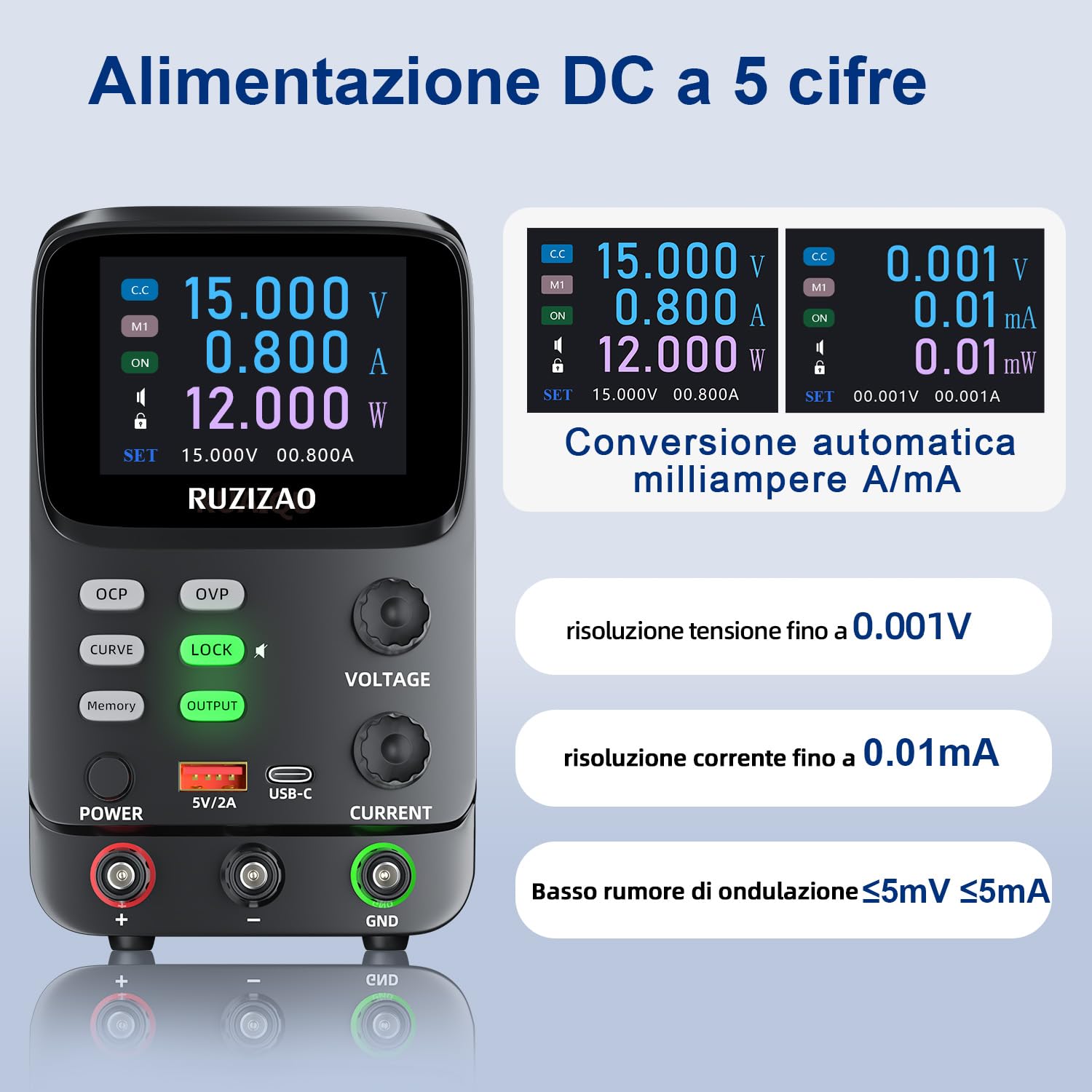 Alimentatore da Laboratorio Alimentatore da Banco 30V 10A Alimentazione DC Regolabile con Curva Grafica, Blocco di Alimentazione con Display LCD a 5 bit Display Corrente mA di Precisione
