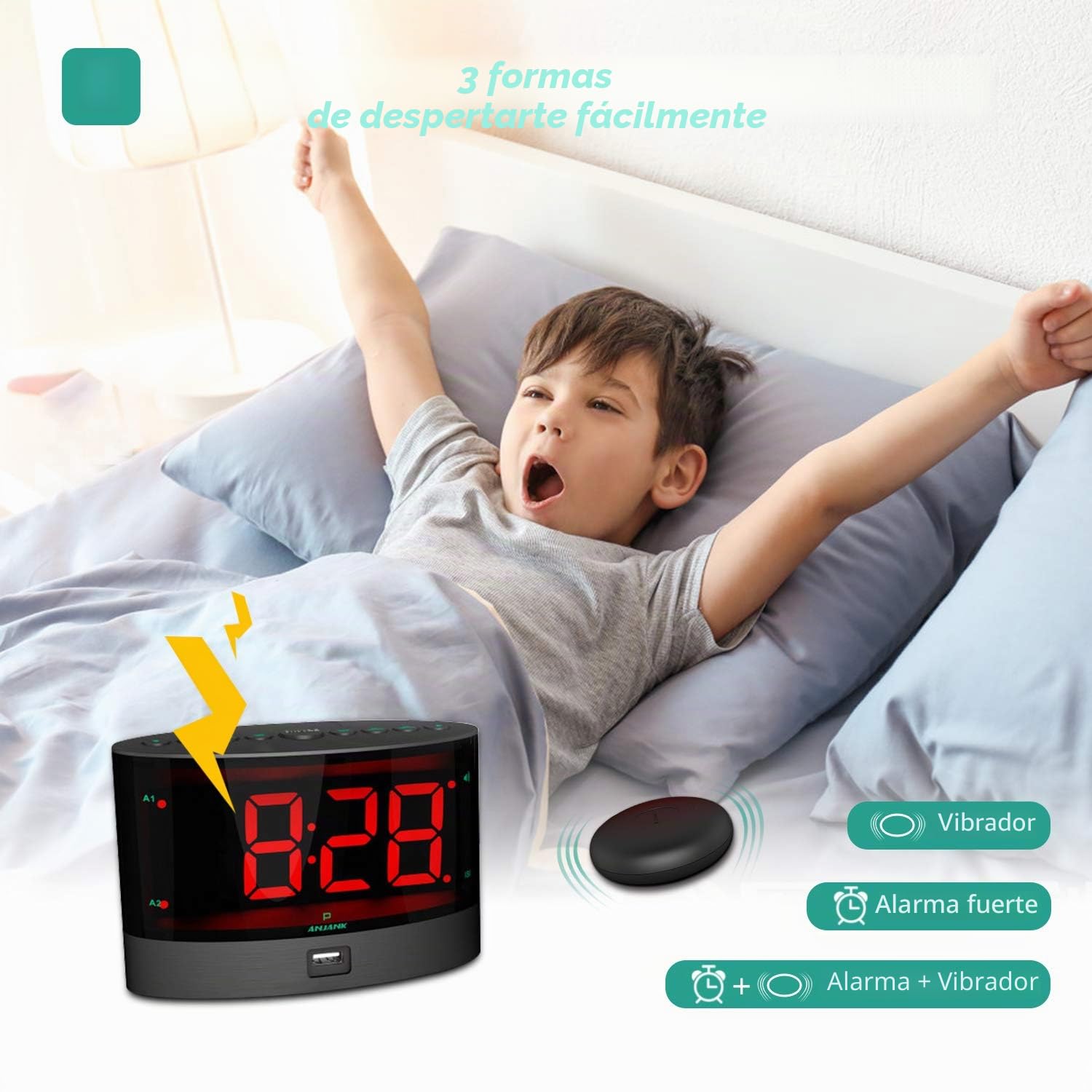 ANJANK Despertador Muy Fuerte con Vibración Inalámbrica, Doble Alarma para Dormilones Pesados, Sordos y con Problemas de Audición, Volumen Ajustable/Dimmer/Despertar Modo, Puerto de Carga USB