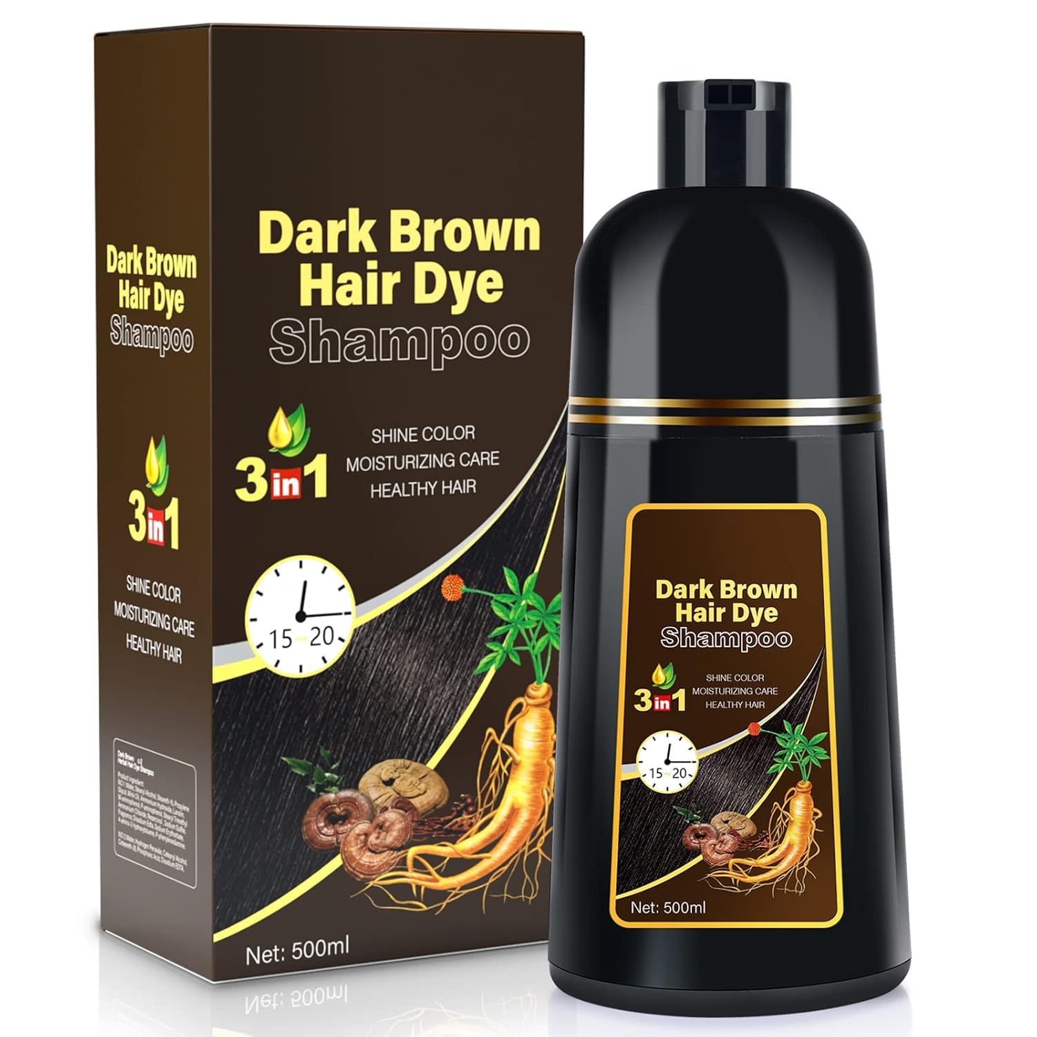 Dark Brown Hair Dye Shampoo 3 in 1, Natural Hair Dye Semi Permanent Hair Color, 100% Gray Hair Cover Up for Treated Hair Color for Women Men, 500ML