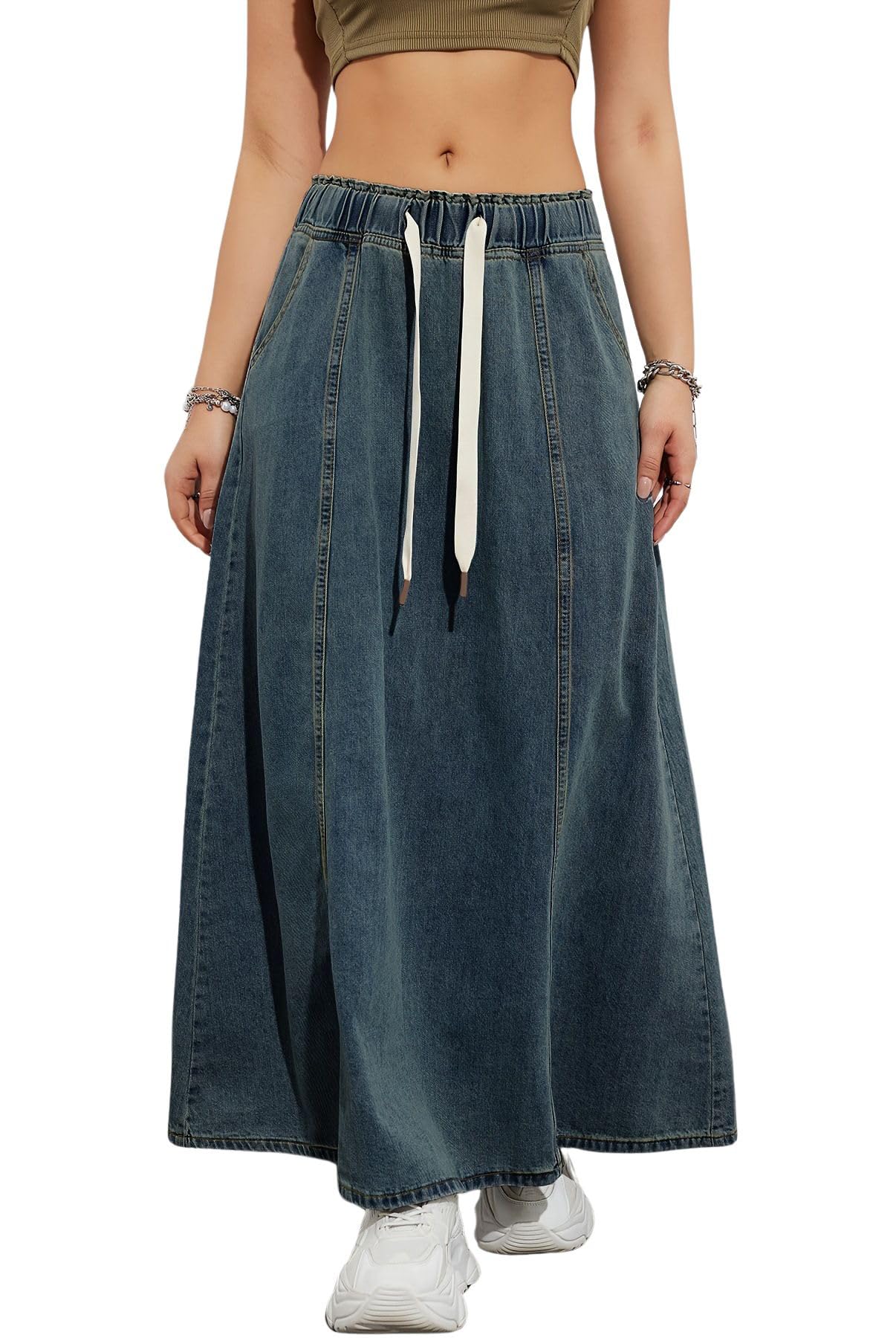 chouyatou Womens Casual Paperbag Elastic High Waist A Line Long Maxi Flare Denim Skirt