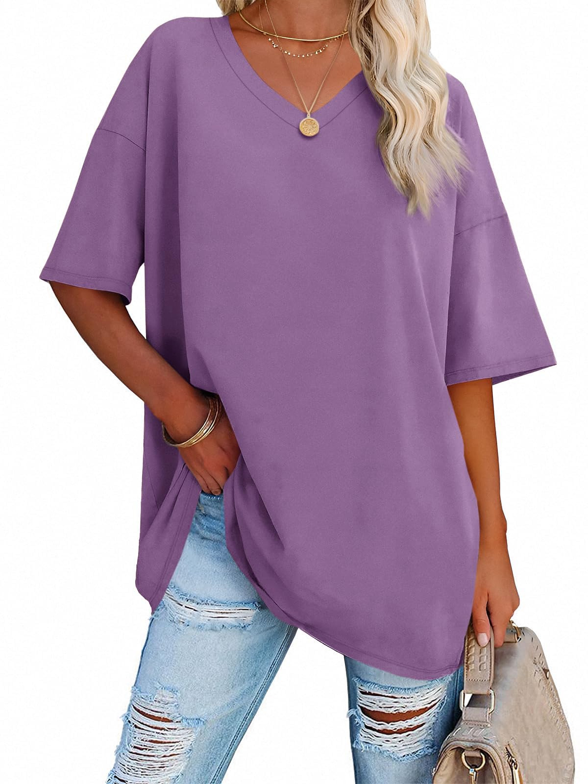 Ebifin Damen Oversize T Shirt mit V-Ausschnitt Kurzärmeliges Casual Lockere Basic Sommer Tee Shirts Bluse.
