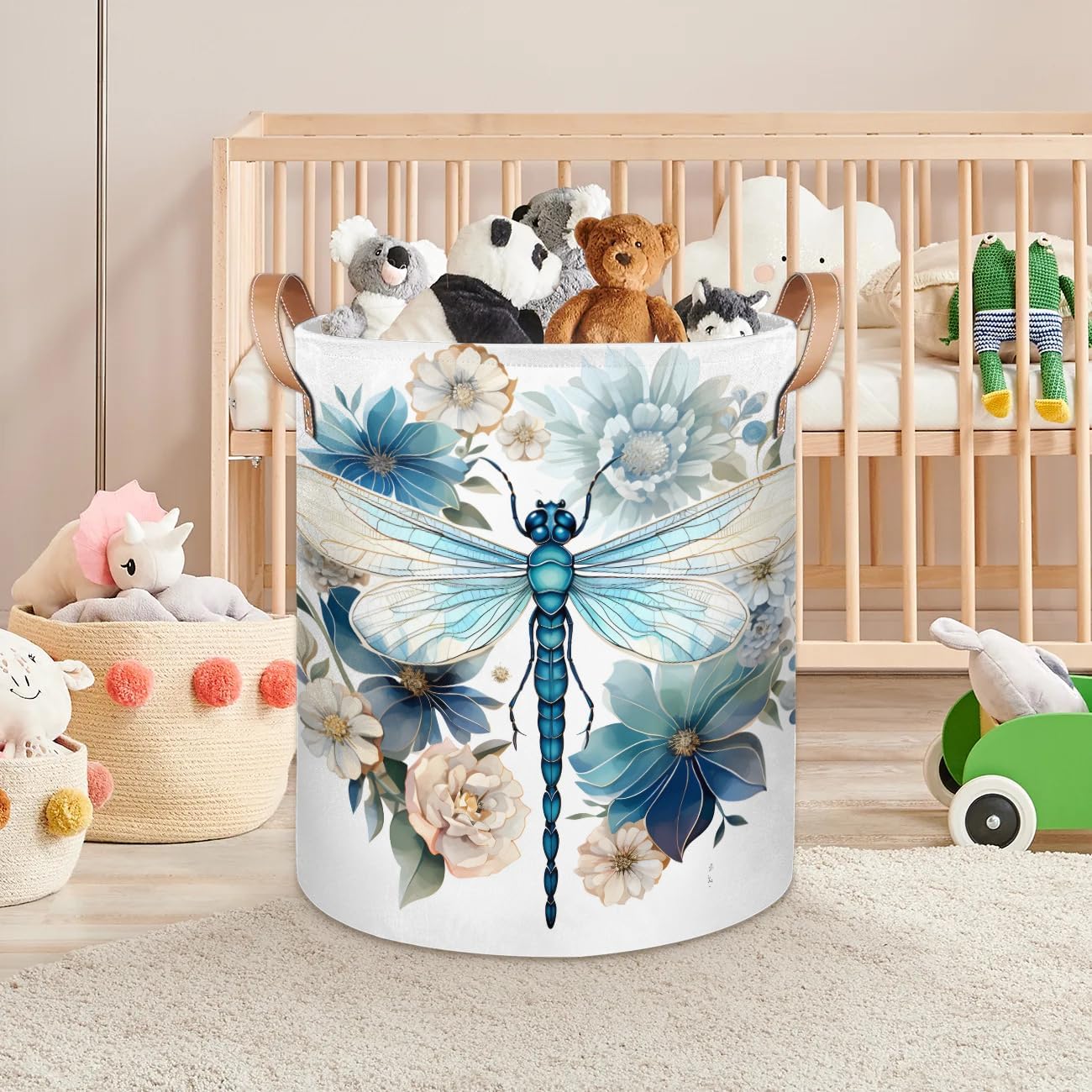 Dragonfly Flower Laundry Basket Collapsible Dirty Clothes Laundry Hamper Canvas Waterproof Storage Baskets Baby Toys Organizer Bin Kids Nursery Hamper for Bathroom Bedroom