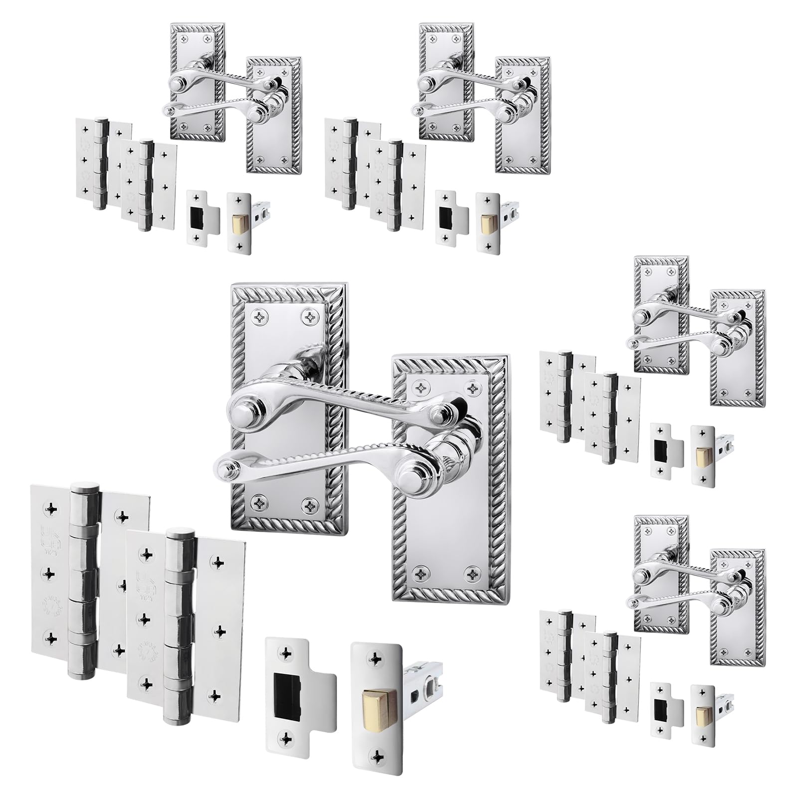 Eai Polished Chrome Georgian Scroll Door Handle Latch Set - 5 Pairs Internal Handles, Hinges (76Mm) & Latch (64Mm) - Rope Design