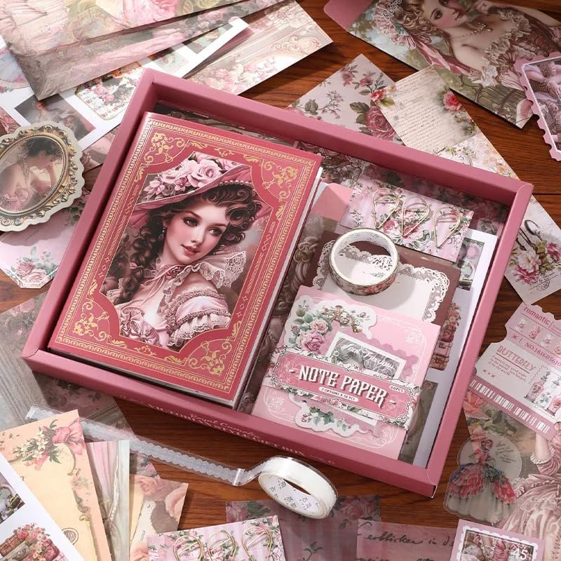Image of MGNLR Vintage Aesthetic Scrapbook Kit(346Pcs) Scrapbooking Supplies Kit with Bullet Junk Journal,Stationery,A6 Grid Notebook Journaling Gift for Girl (European Retro Queen 1)