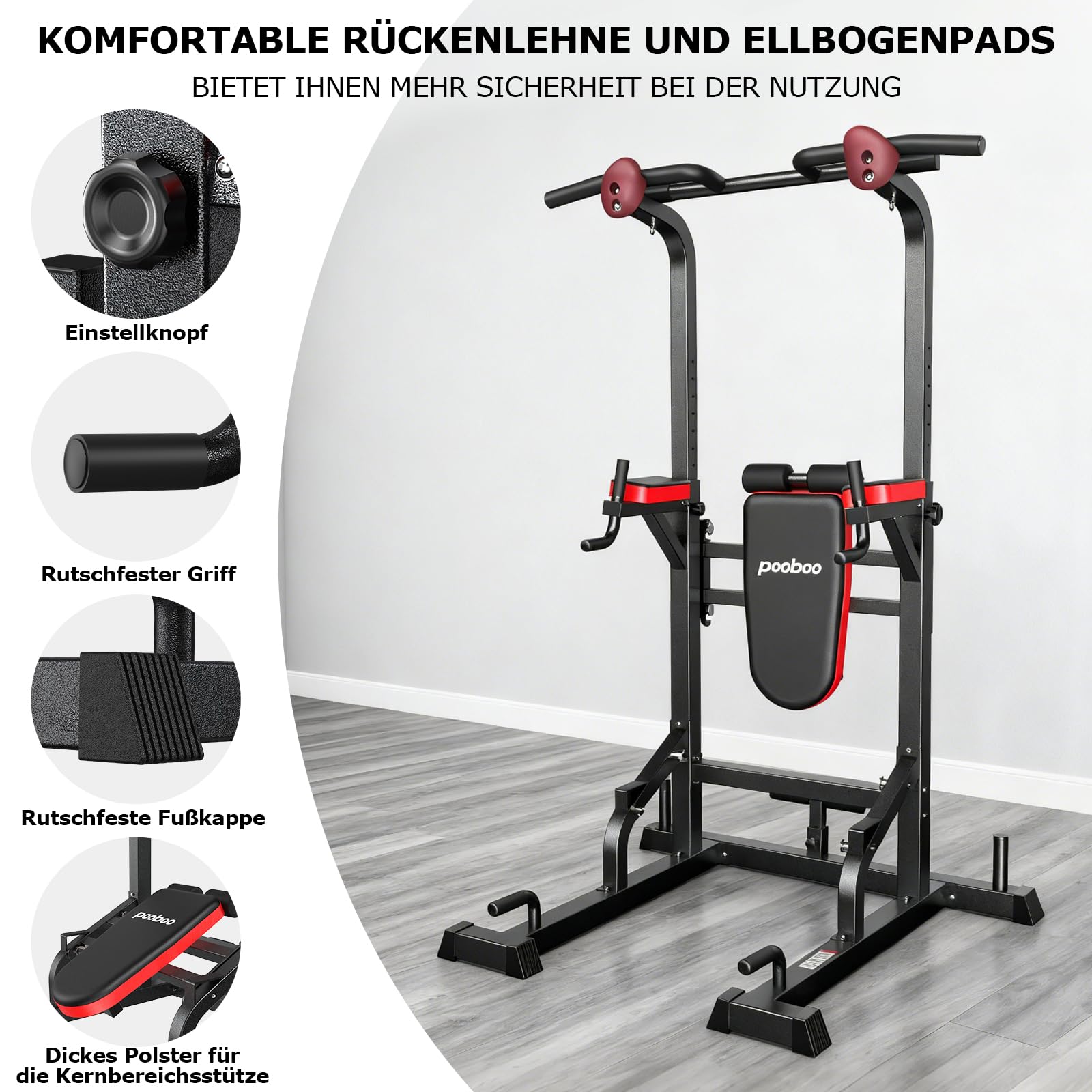 Pooboo Power Tower Dip Station Klimmzugstange für Fitness-Heimtraining, multifunktionales, höhenverstellbares Krafttrainingsgerät mit elastischen Seilen