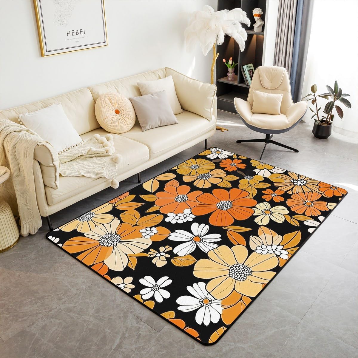 Alfombra vintage 60S 70S Groovy floral de 3 x 5, alfombras retro de flores hippies, alfombra de estilo psicodélico bohemio antideslizante,