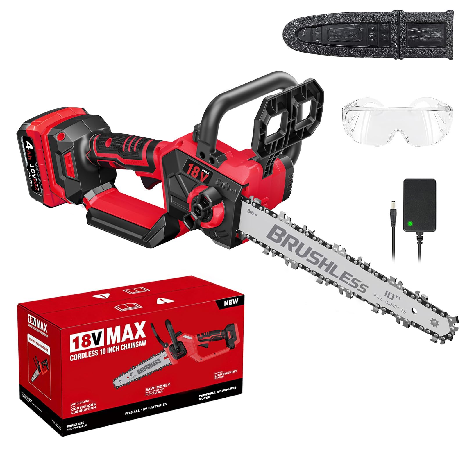 10 Inch Cordless Chainsaw for Milwaukee 18V Battery, 4.0ah Battery Included