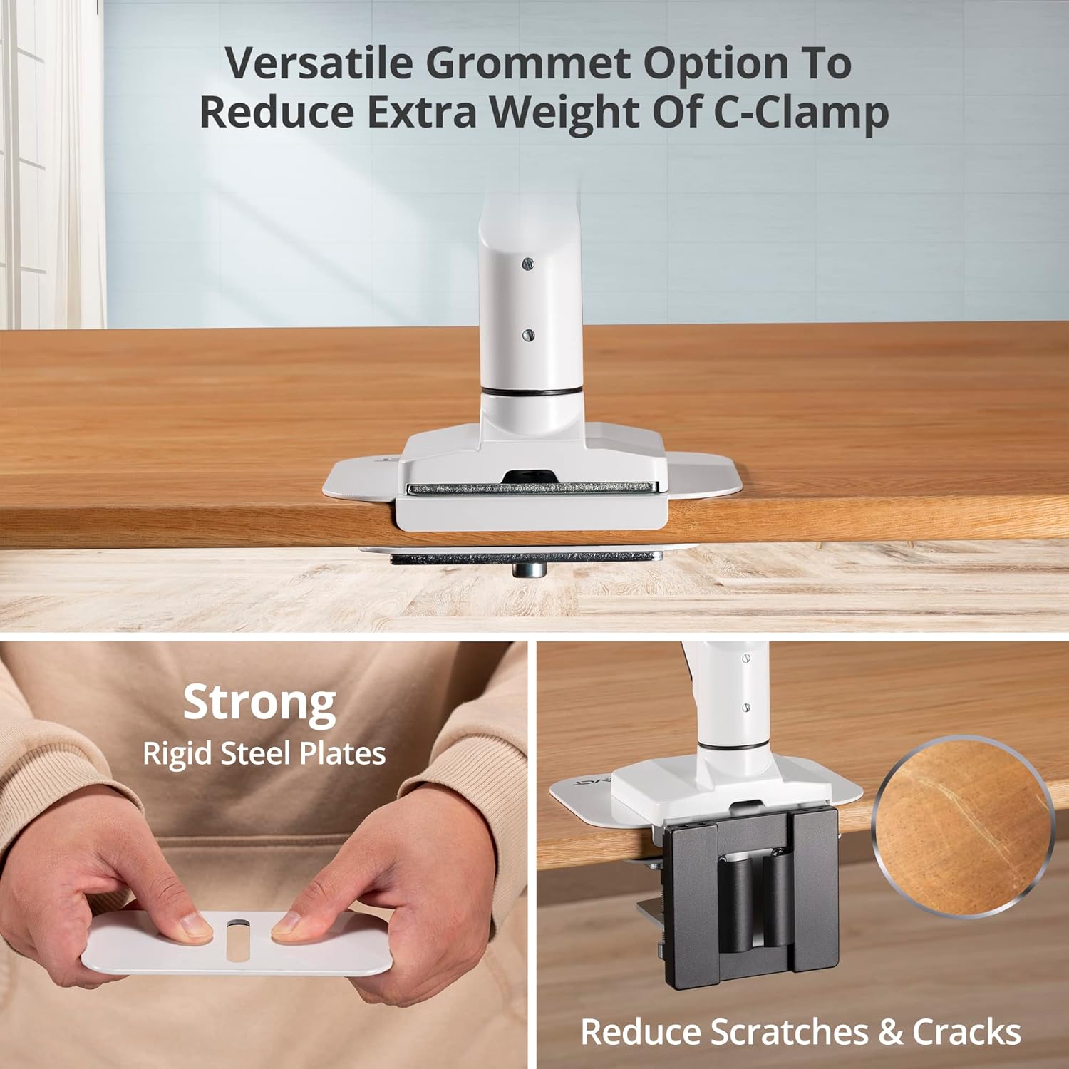 AVLT Adjustable Reinforcement Plate Bracket Mount for Fragile Tabletop - Supports Monitor Stand with C Clamp Or Grommet Installation - White - Image 7