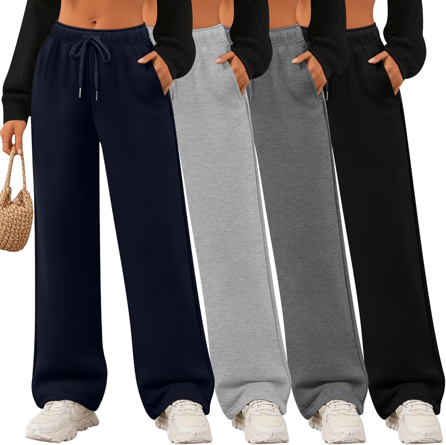 4 Pack Women's Wide Leg Sweatpants Drawstring Lounge Joggers for Women Straight Pants Elastic Waist with Pockets Navy Blue, Light Gray, Dark Gray, Black Small