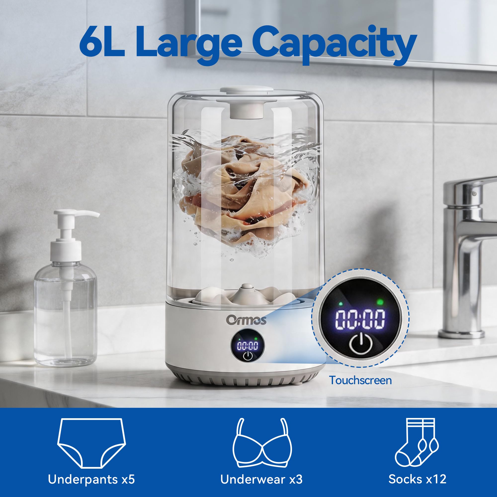 Lavadora de ropa interior de 6 litros, lavadora inalámbrica portátil, diseño con control táctil, lavadora compacta silenciosa para espacios pequeños y vida útil en el dormitorio
