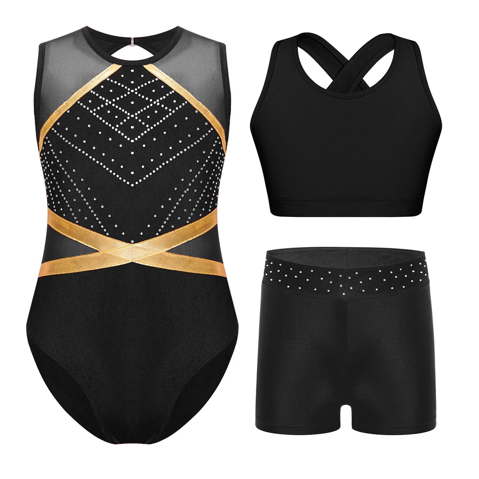 Maillot Gimnasia Ritmica Kids Girls Gymnastics Outfit Figure Skating Jumpsuit Ballet Tutu Leotards Patchwork Sleeveless Leotard With Crop Top Shorts