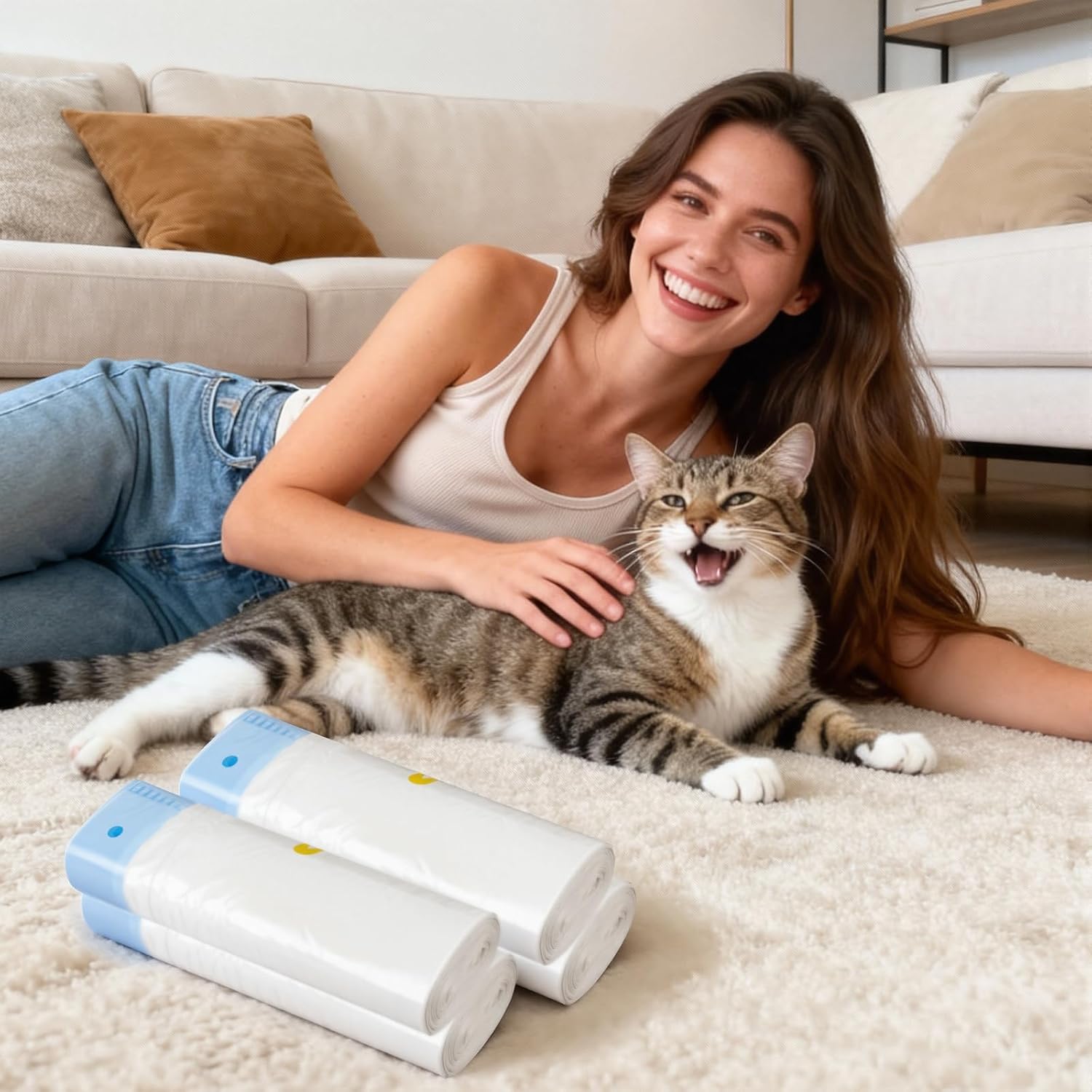 Drawstring Cat Litter Bags Compatible with Petcove Self Cleaning Box, 60 Count (4 Rolls) 17.7"x19.7" – Heavy Duty Leak Proof Liners for Automatic Litter Box, Replaced Pet Waste Bags, White & Blue image 3