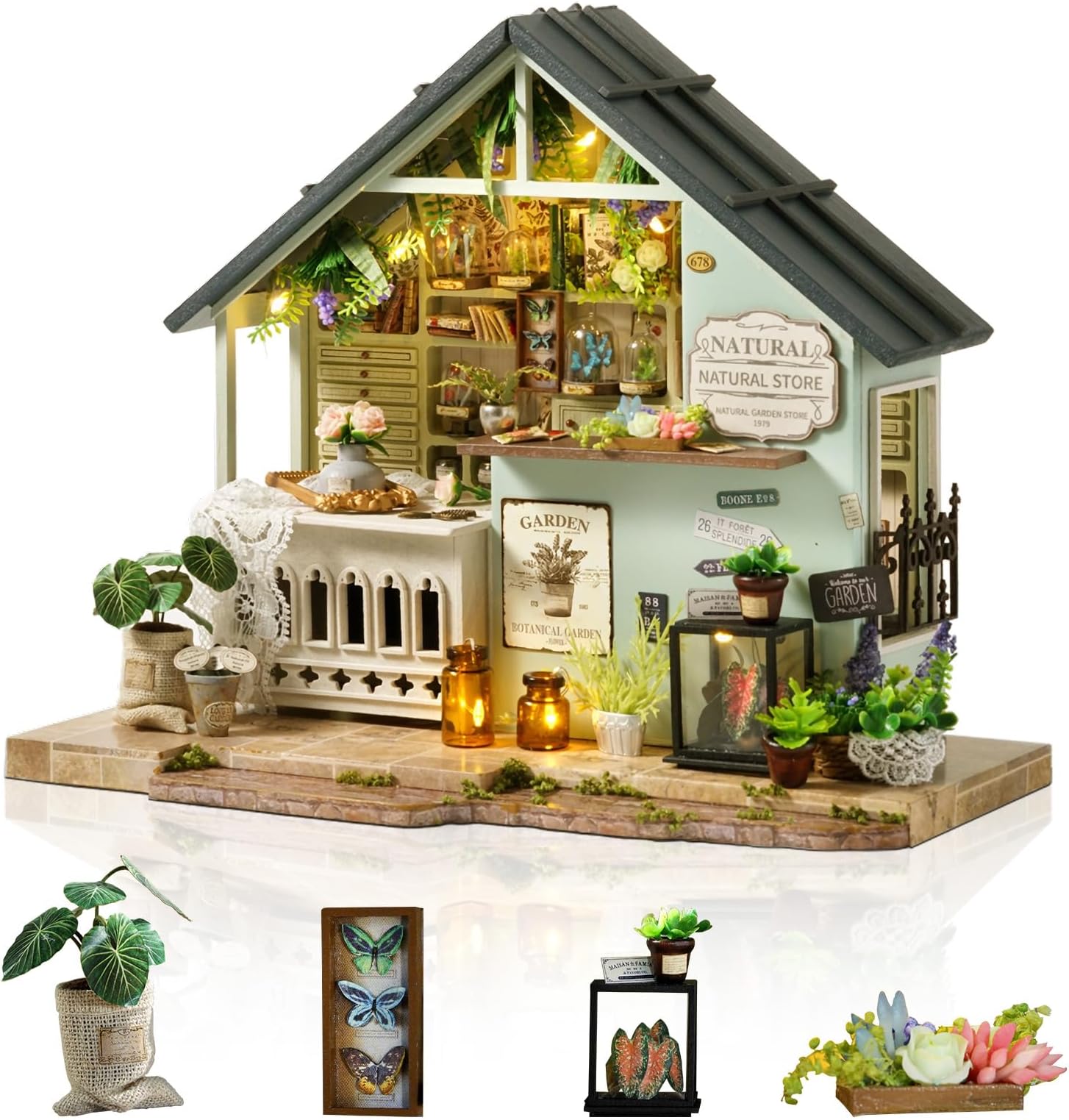 Foyucool Miniature House Kit, Tiny House Kit with LED Light, DIY Mini House Building Kits for Adults to Building, Unique Gift for Birthday Christmas, Bakery Store