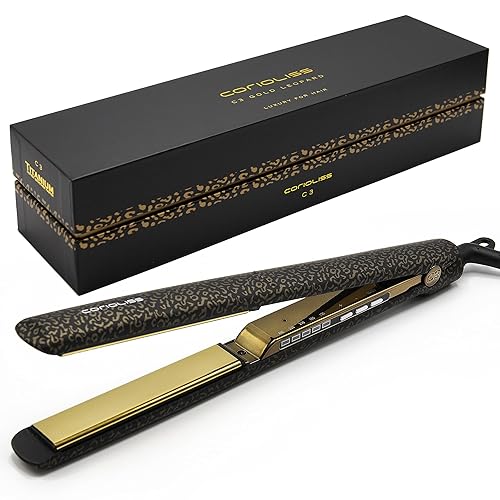 Corioliss C3 Plancha plana profesional para el cabello, placas de titanio, control de temperatura, mujeres (leopardo dorado suave al tacto)