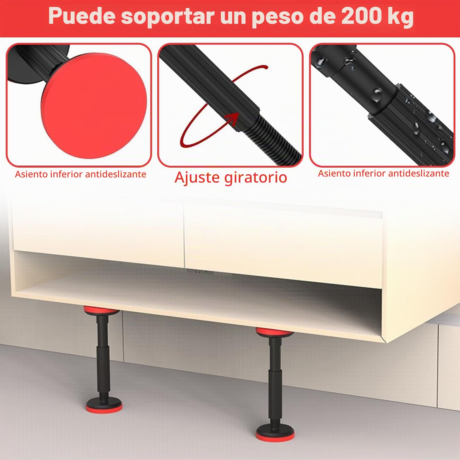 Soportes de altura regulable: soporte telescópico, barra de apoyo ajustable para armario, sofá, lavabo, capacidad de carga de hasta 200 kg, altura ajustable de 18 a 45 cm, soporte de techo para