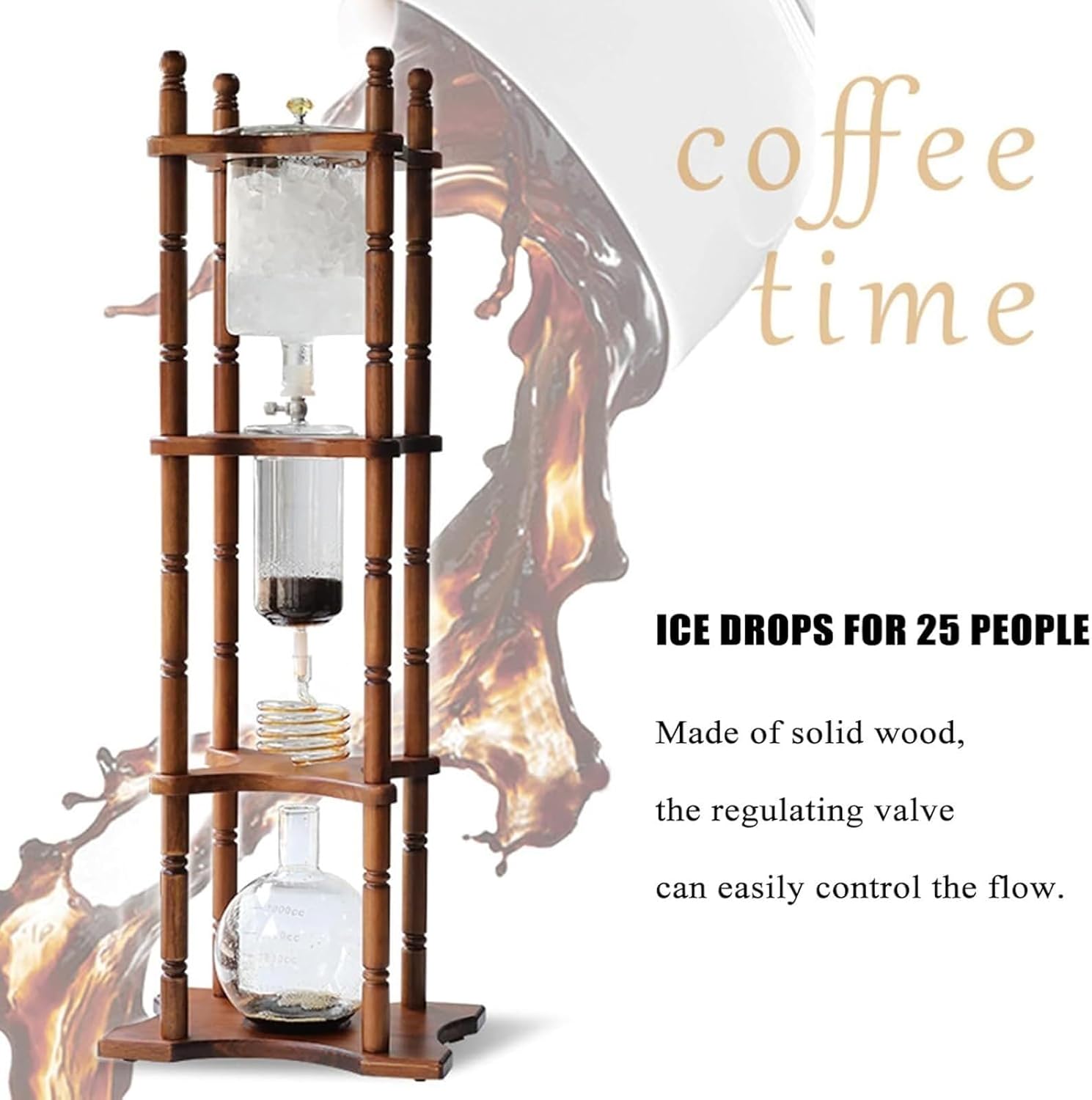 Cold Brew Drip Coffee Maker Tower, Iced Coffee Brewer with Slow Drip Technology, Wooden Stand, Serves, for Home Office Use