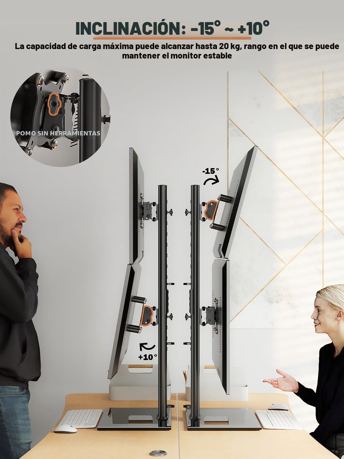 Hemudu - Soporte para monitor doble (vertical, apilable, se adapta a dos pantallas de 13 a 34 pulgadas con giro, inclinación, altura ajustable, soporta una (1) pantalla de hasta 20 kg,HT05B-002P